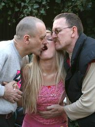 CrocoList presents: Petite blonde teenie girl enjoying two old biker penises