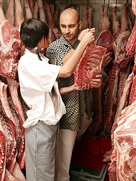 CrocoList presents: Teenage brunette gets dirty with the butcher his big meat