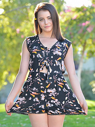CrocoList presents: Svelte american dark-haired teen Kylie Quinn in shorts toys her twat outdoor